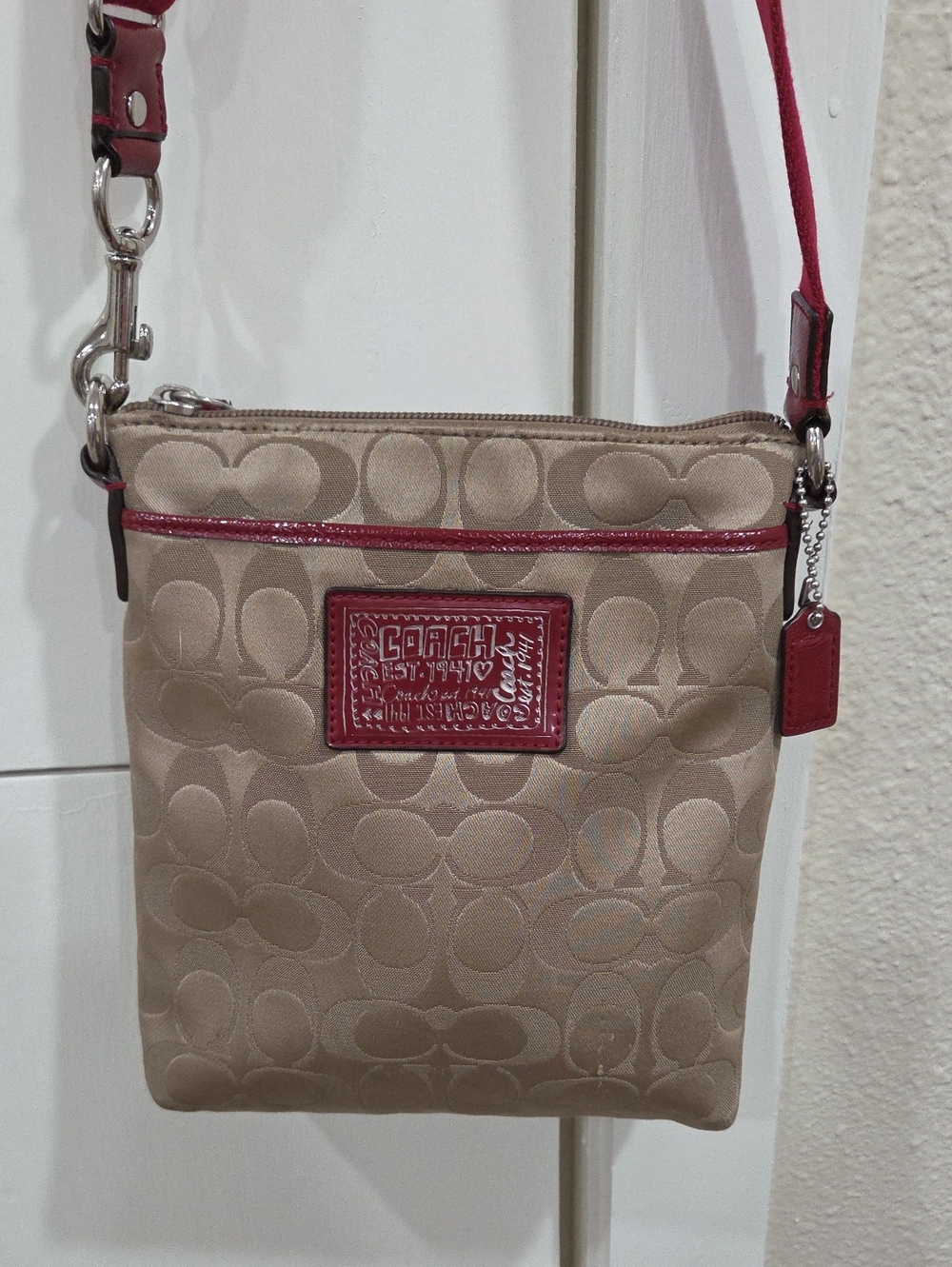 Coach Beige Signature Crossbody with Red Leather Accents